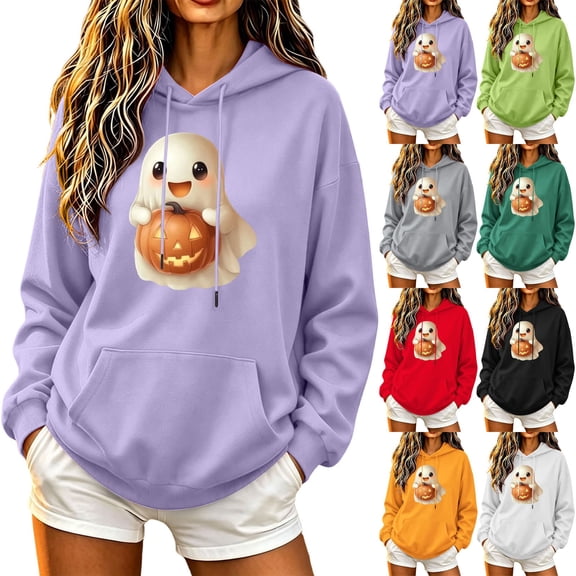 NSLGXD Halloween Cute Ghost Pumpkin Print Womens Hoodie Oversized Loose Fit Pocket Hooded Sweatshirt Fashion Long Sleeve Baggy Casual Autumn Outfit Tops S-XL
