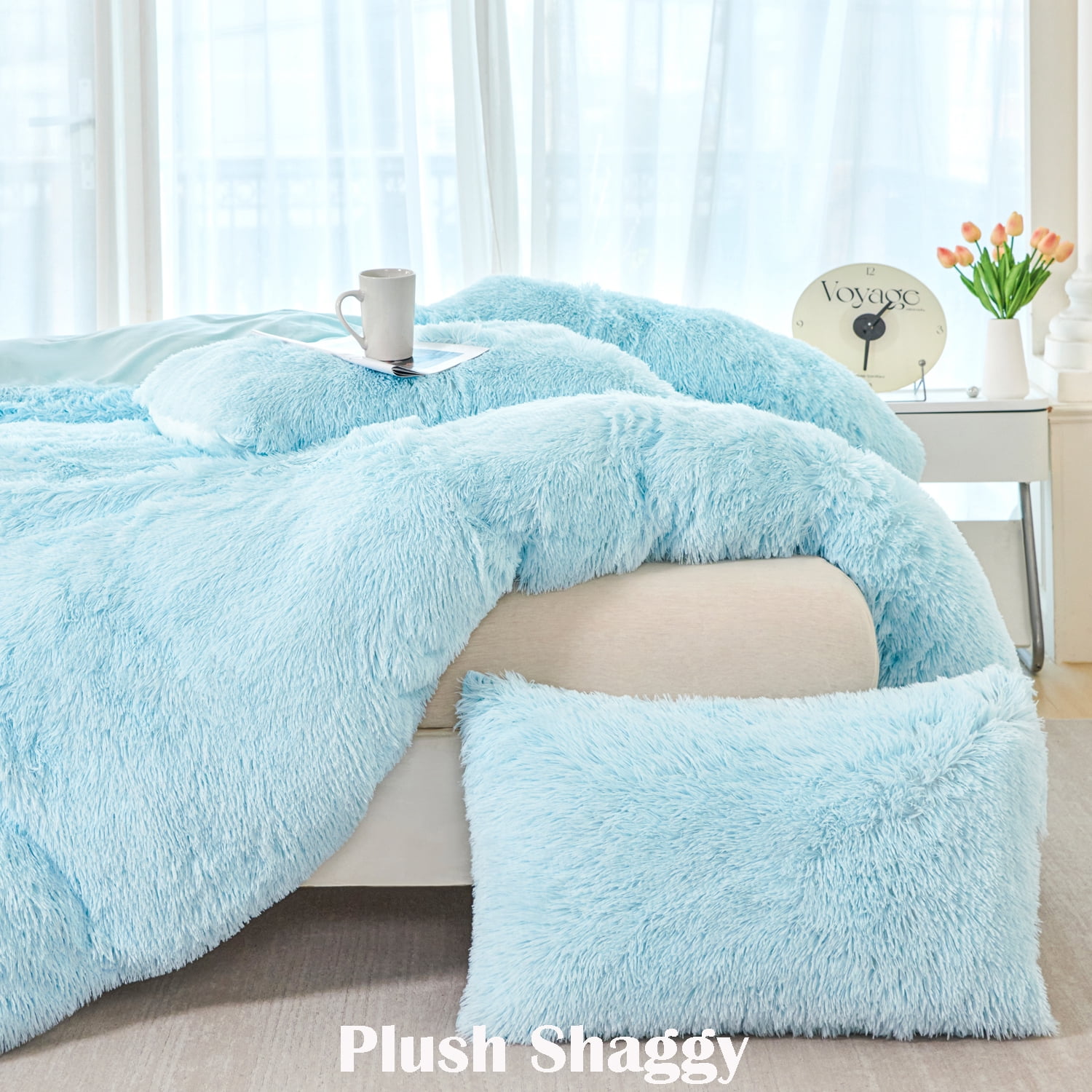 URBONUR 3 Pieces Blue Girls Comforter Sets Twin Faux Fur Plush Bedding Sets Fluffy Bedding Comforter Sets for Kids Teens(1 Shaggy Comforter + 2 Faux Fur Pillowcases)
