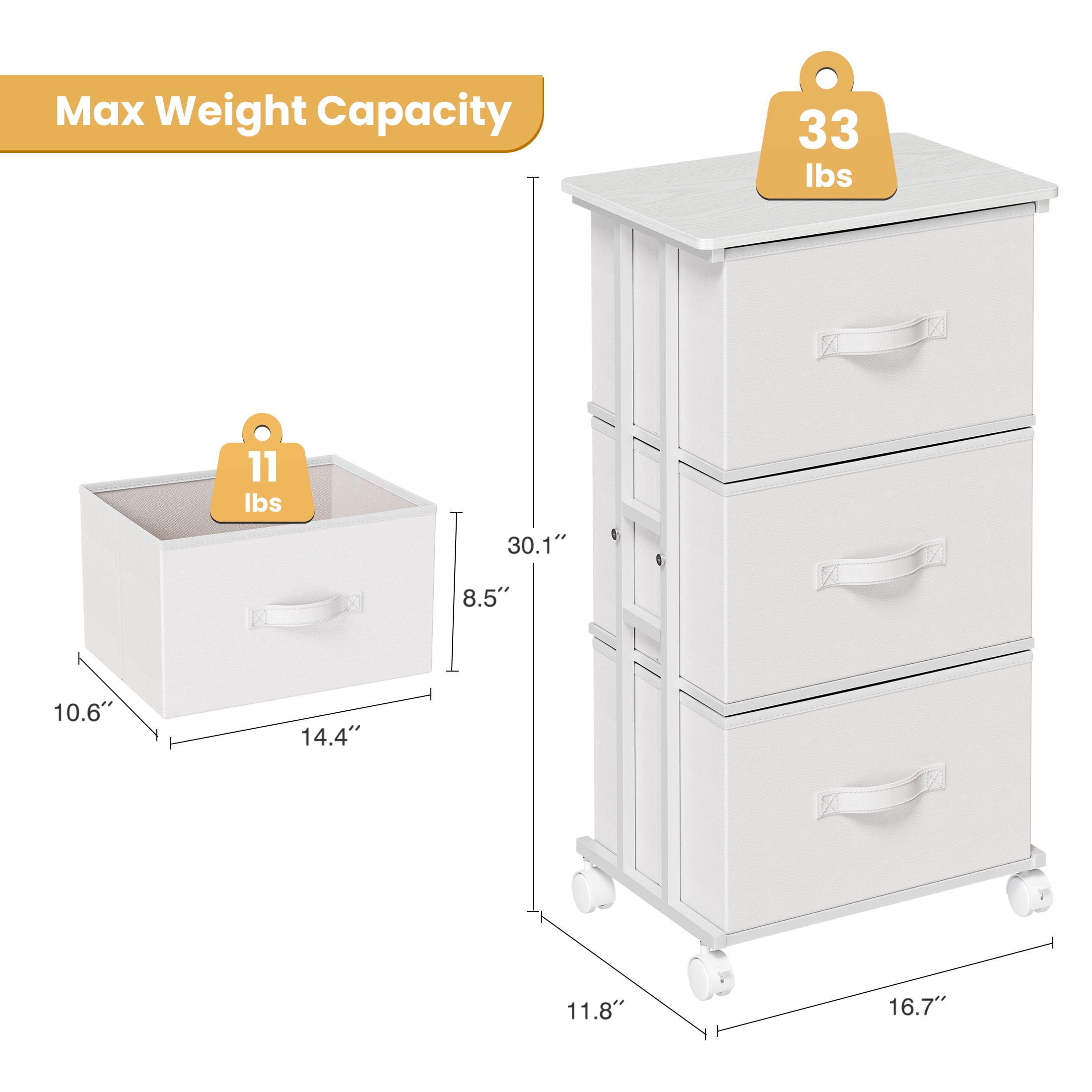 CONCETTA Dresser Storage with 3 Drawers, Storage with Wheels for Bedroom, Home Office, White