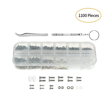 Eyeglass Repair Kit 1100pcs Micro Screws Nuts Washers Assortment and Nose Pads with Tweezers Screwdriver for Glasses Spectacles Sunglasses