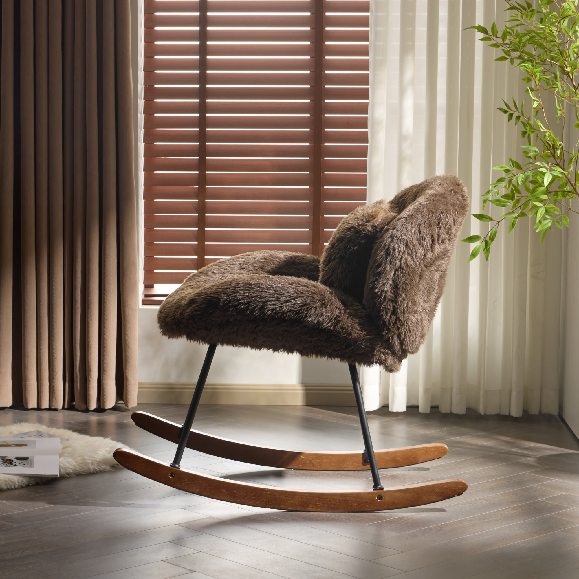 UBesGoo Nursery Rocking Chair, Modern Accent Chair with Padded Seat and Wooden Metal Frame, Long Pile Fabric Upholstered Glider Rocker, Comfy Nest Style, Coffee