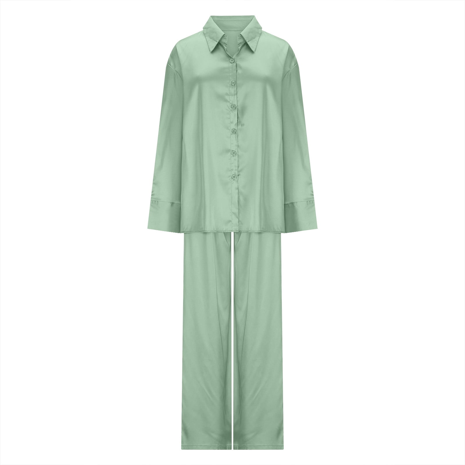 Womens Two Piece Silk Sets Plus Size S-5X Long Sleeve Button Up Shirts Wide Leg Pants Soft Pajama Outfits Casual Solid Loungewear Suits Set