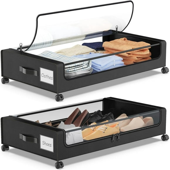 Yecaye Under Bed Storage with Wheels, 2 Pack Rolling Underbed Clothing Storage Containers, Black