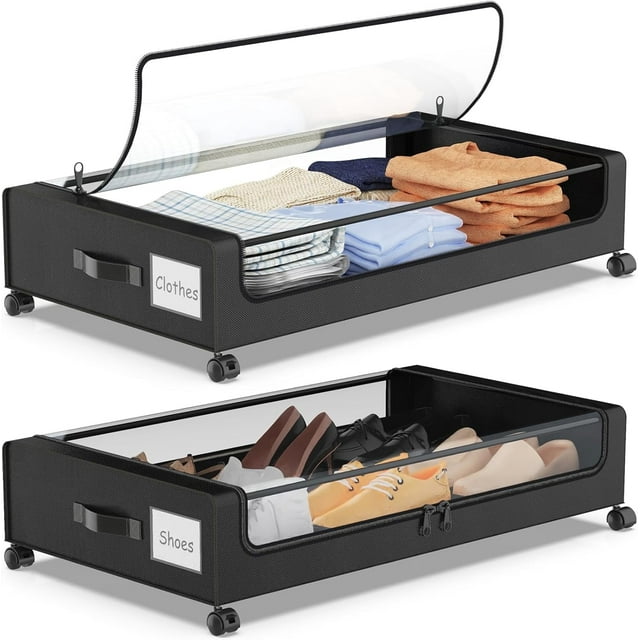 Yecaye Rangement sous le Lit avec Roues, Ensemble de 2 Contenants Roulants pour Vêtements sous le Lit, Noir