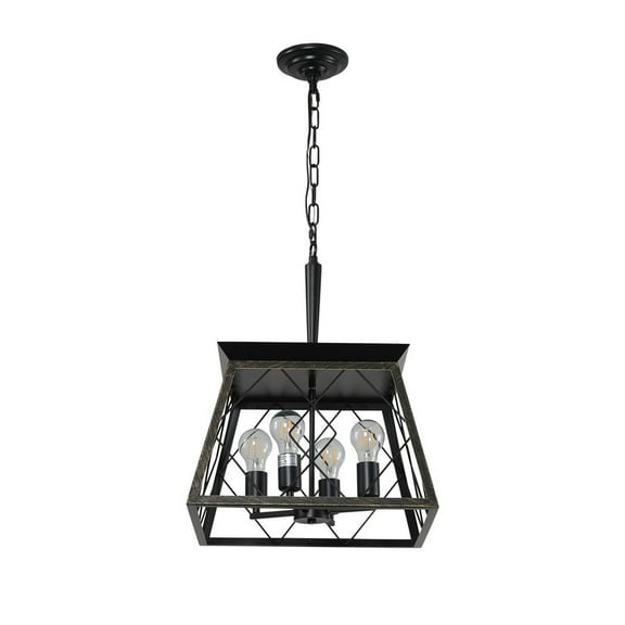 16" Black Gold Industrial 4-Light Pendant Chandelier, Modern Metal Cage Design, Adjustable Hanging Light for Dining Room, Kitchen, Living Room (No Bulbs)