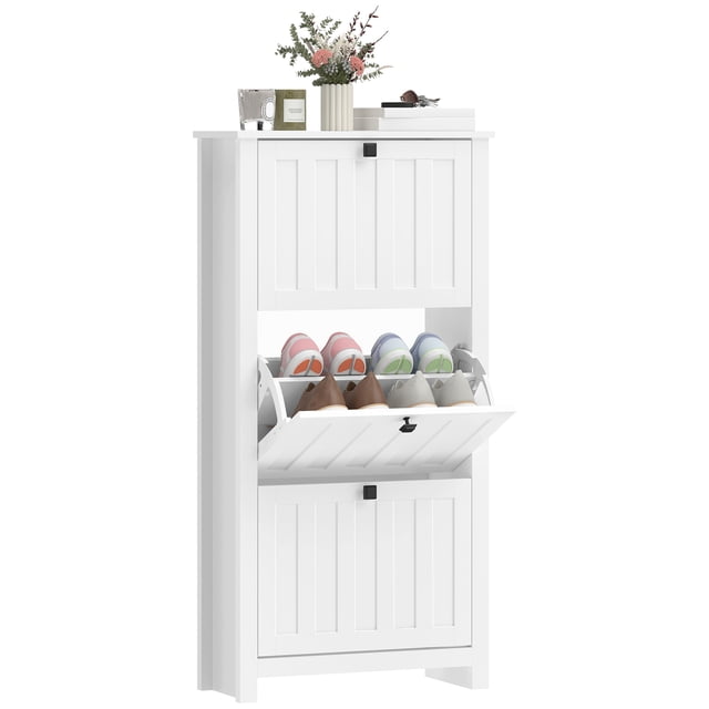 HOMCOM Armoire à Chaussures Étroite avec 3 Tiroirs Basculants, Armoire de Rangement pour Chaussures, Blanc