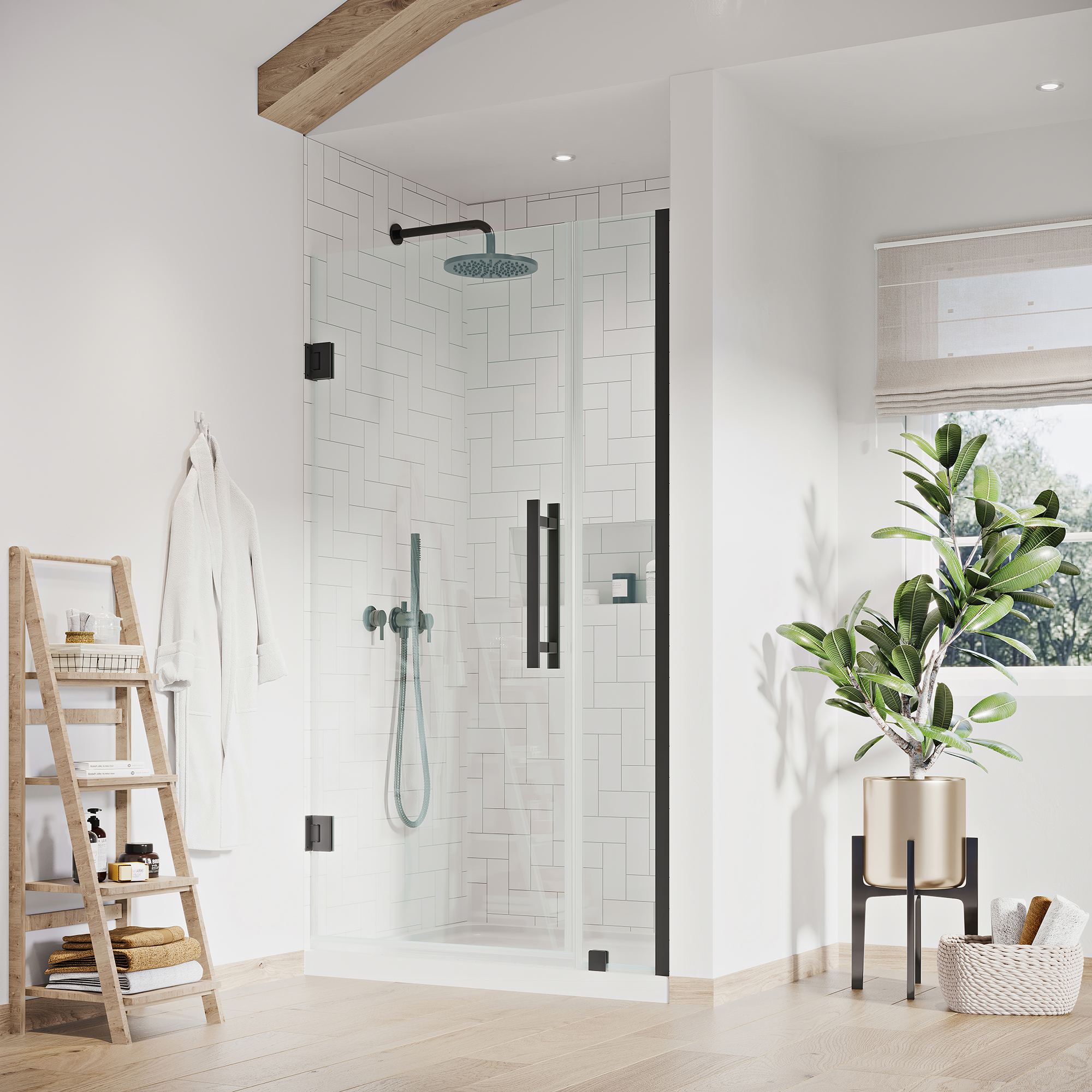 Ove Decors Tampa-Pro 36 in. L x 36 in. W x 72 in. H Alcove Shower Kit with Pivot Frameless Shower Door in Black and Shower Pan