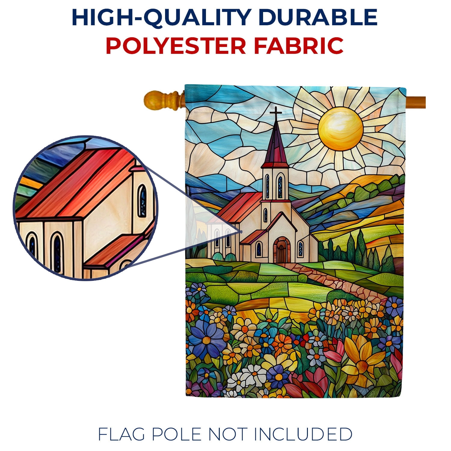 America Forever Stained Glass Church House Flag, 28 x 40 inch Double Sided, Church Stained Glass Window Art, Country Church Sun Wildflower, Sacred Art Flag