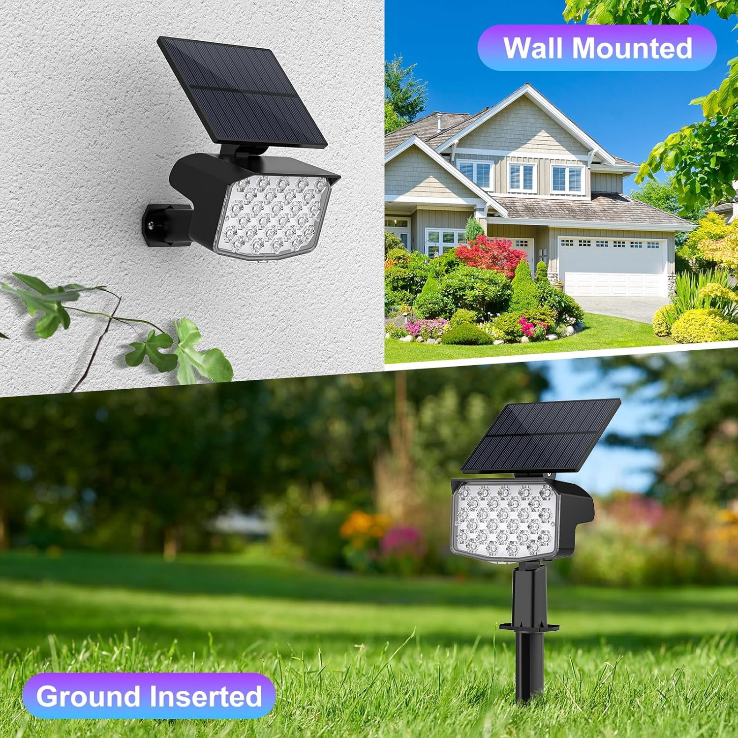 Solar Lights RGB Outdoor, 2 Pack RGB Landscape Solar Spotlights with 9 Modes, Waterproof for Garden, Yard, Driveway, Patio Decor