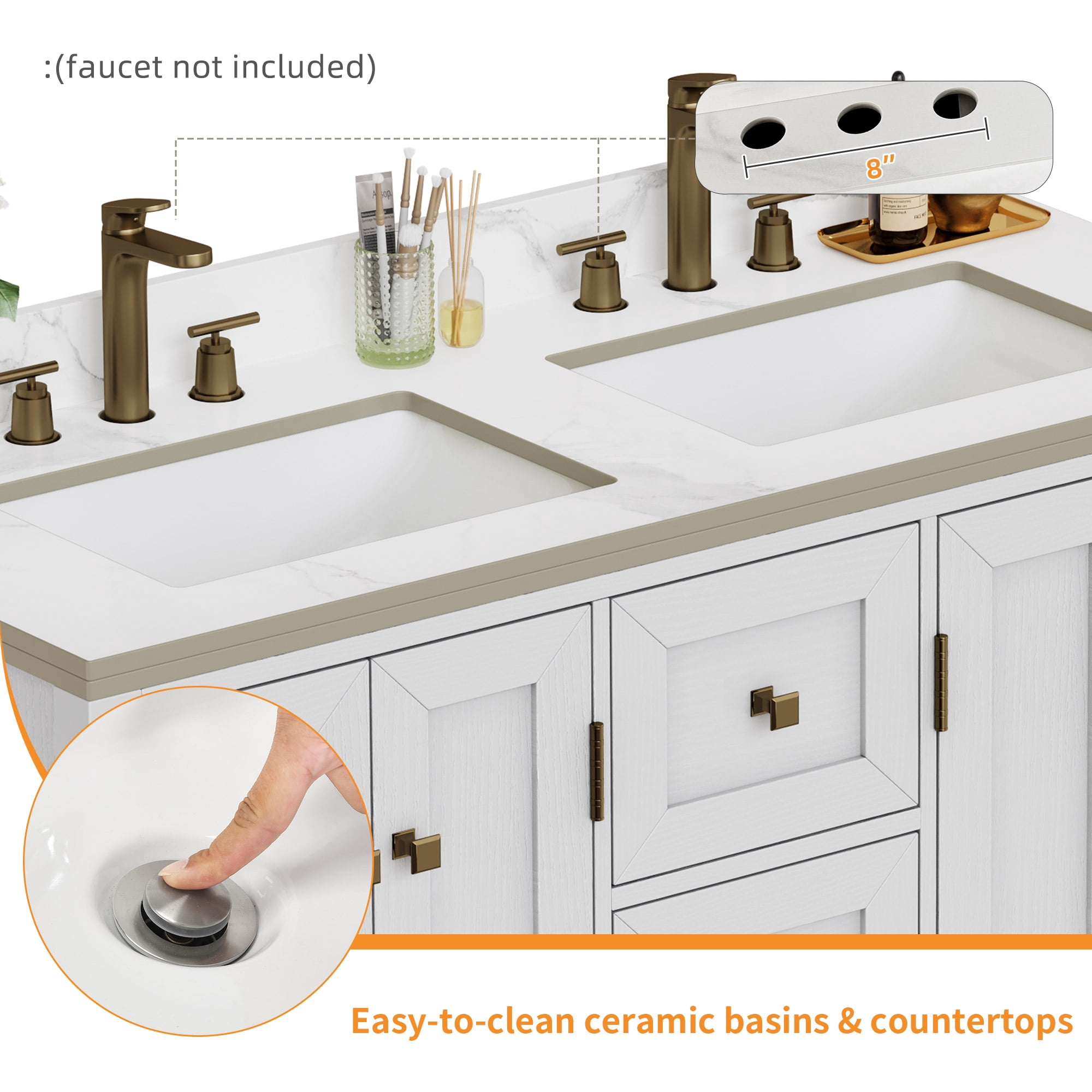 Uforic 47 Inch Double Sink Bathroom Vanity, Mid-Century Modern Bathroom Storage Cabinet with Sintered Stone Countertop, 4 Soft-close Doors & 3 Drawers