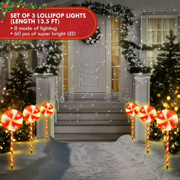 28inch 3PK/6PK Christmas Pathway Light Lollipop 8 Lighting Modes