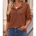 thumbnail image 6 of Women'S Henley Shirts Long Sleeve V Neck Ribbed Button Down Knit Sweater Fitted Tops Caramel Color L, 6 of 9