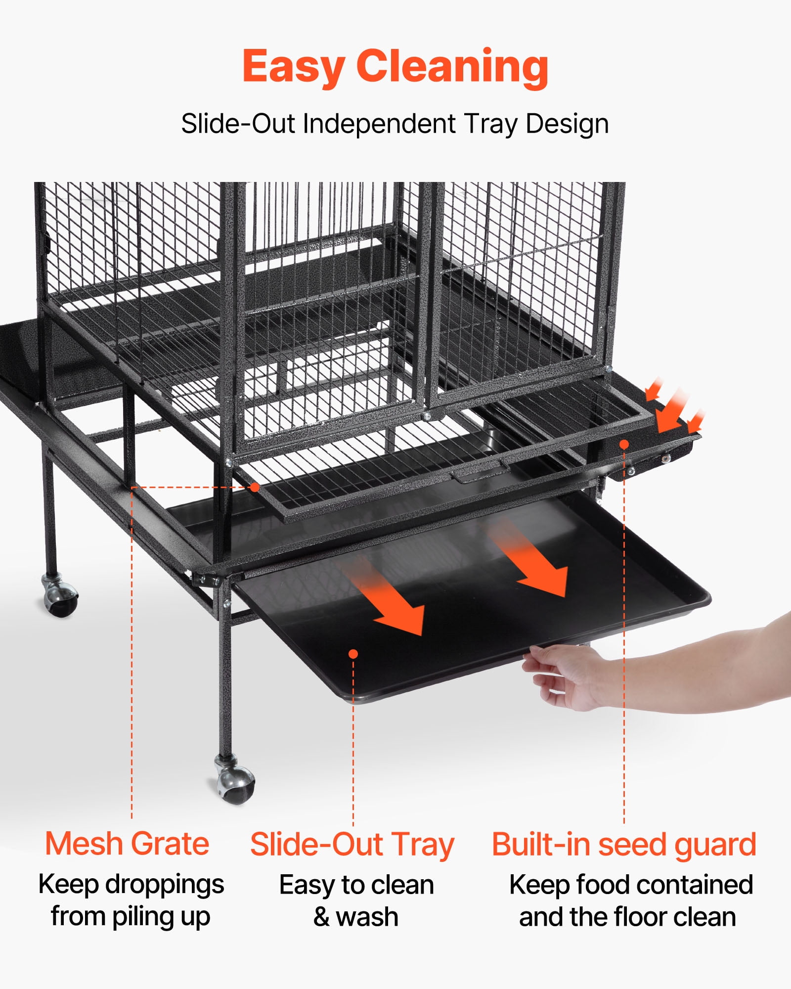 VEVOR Bird Cage, 32.7 x 31.1 x 82.7 inch, Open Flat Top, Wrought Iron Bird Flight Cage with Perches, Slide-Out Tray, Plastic Feeders, for Cockatiel, Monk Parakeet, African Grey Parrot