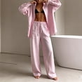 thumbnail image 5 of Uootdi Women's 2 Piece Matching Lounge Set Long Sleeve Oversized Button Down Shirt Drawstring High Waist Wide Leg Linen Pants Set, 5 of 6