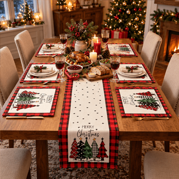 Christmas Placemat Set, 7 Pcs Christmas Table Decor, 6 Placemats with 1 Table Runner, Christmas Tree Pattern, Washable Xmas Kitchen Dining Table Decoration for Holiday Party
