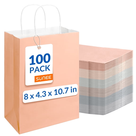 SUNEE Gift Bags with Handles, 8x4.3x10.7 inch, 100 Pack 110GSM Thick Paper Gift Bags, Assorted Muted Colors