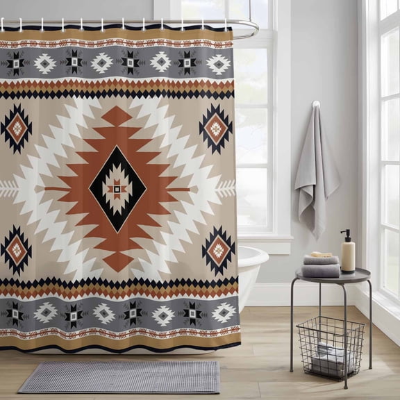 Bathroom Shower Curtain Classic Aztec Orange Pattern Waterproof Shower Curtains with Hooks, Abstract Bohemian Art Bath Curtains Bathtub Curtain Home Decor 36x72in