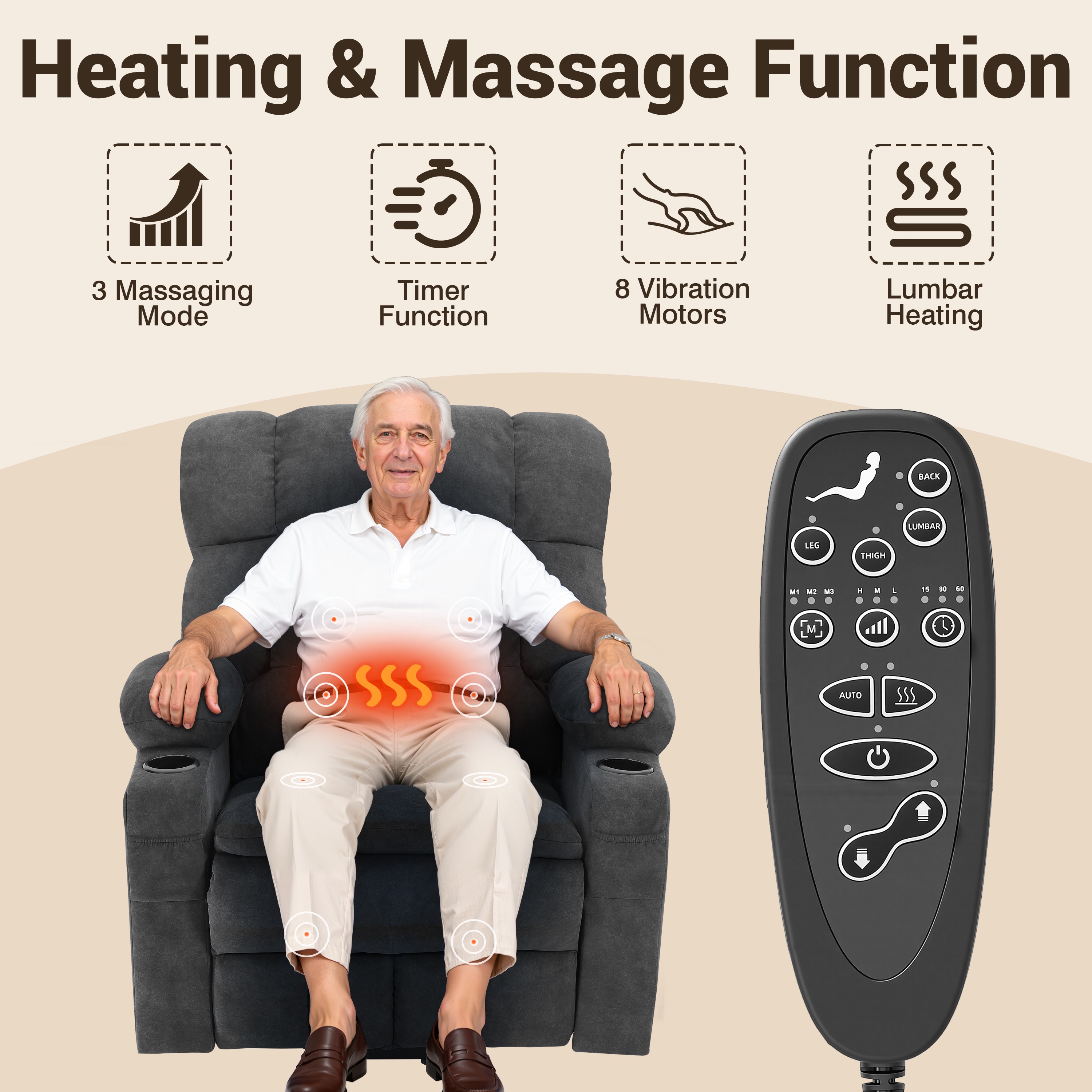 Oversized Power Lift Recliner, LEGAHOME 26in Large Wide Lift Chair for Elderly, Massage Recliner with Heat for Big and Tall Adults, Living Room Recliner Chair with Cup Holders, Gray