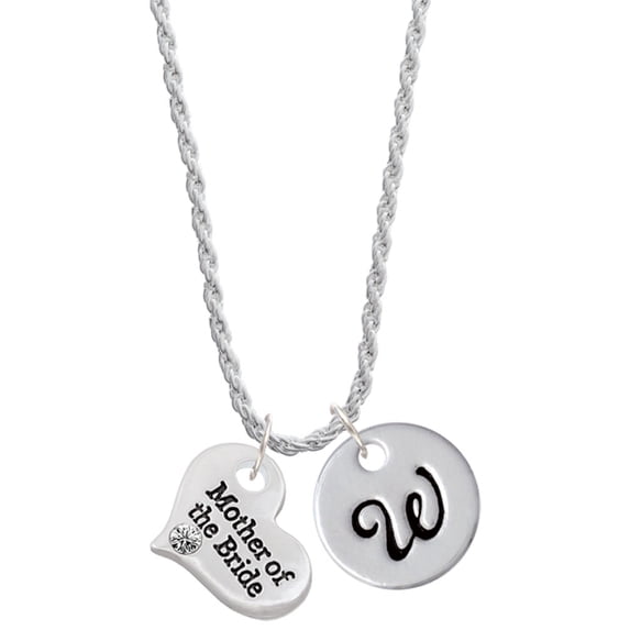 Delight Jewelry Silvertone Large Mother of the Bride Heart Silvertone Script Initial Disc - W - Charm Necklace, 20"+3"