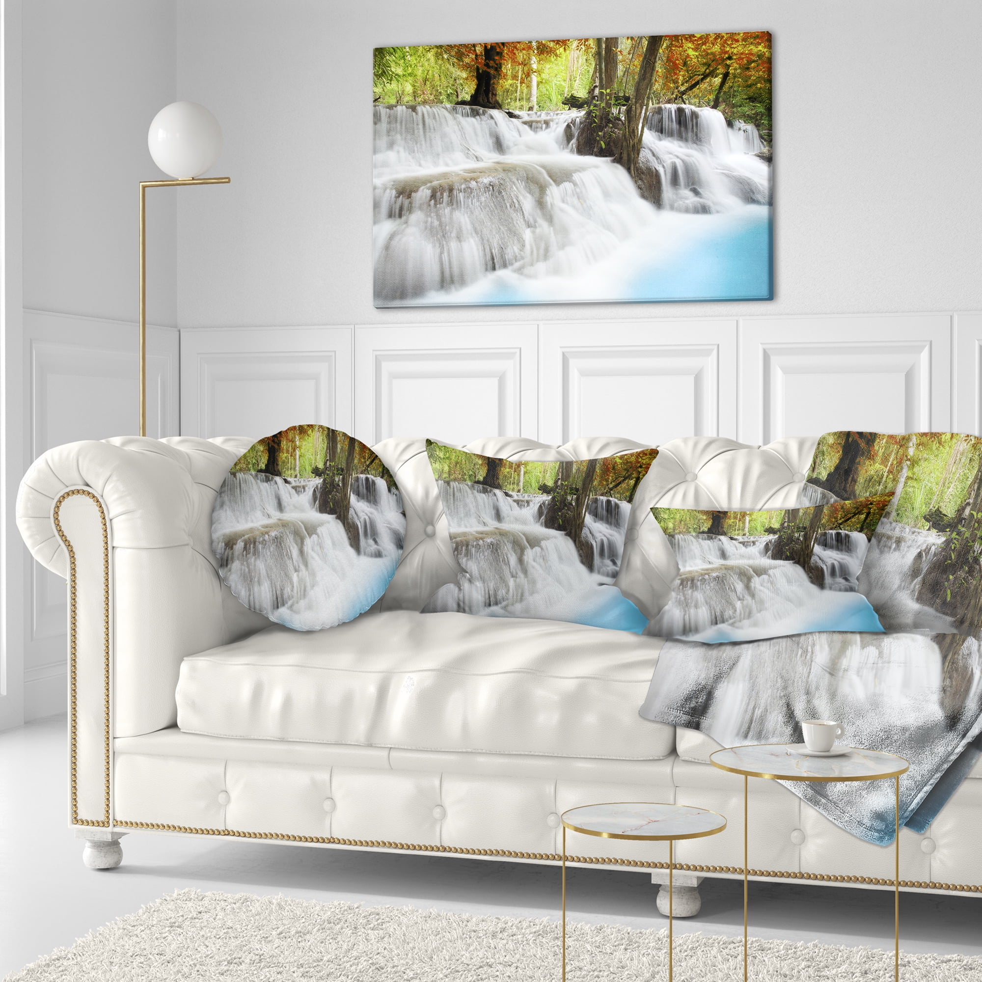 Designart Roaring Erawan Waterfall - Landscape Printed Throw Pillow - 12x20
