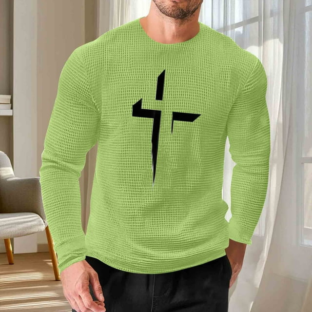 Ceisia Men's Geometric Cross Waffle Top | Slim Long-Sleeve Crewneck Winter Casual Shirt Gift