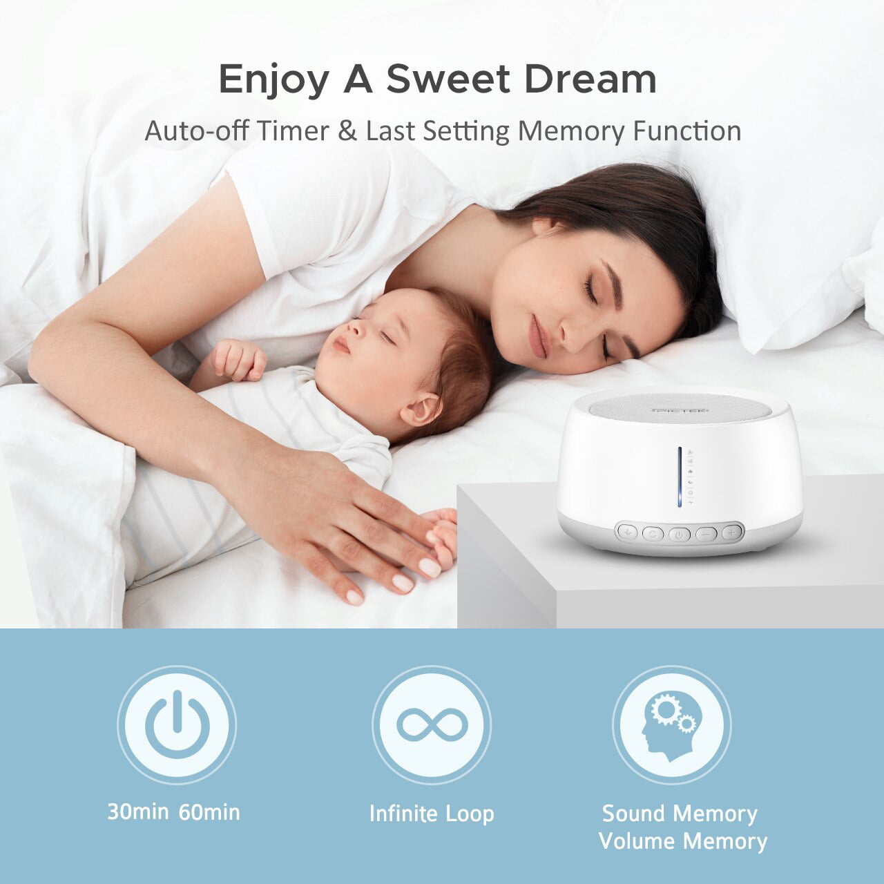 Adapter Not Included Up to 100dB PICTEK White Noise Machine USB Powered Sound Therapy 3 Auto-Off Timer & Memory Function 30 Non-Looping Soothing Sound Machine for Nursery Office Privacy