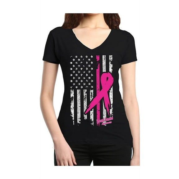 Women's T-Shirt V-Neck Short Sleeve - Cancer Ribbon American Flag