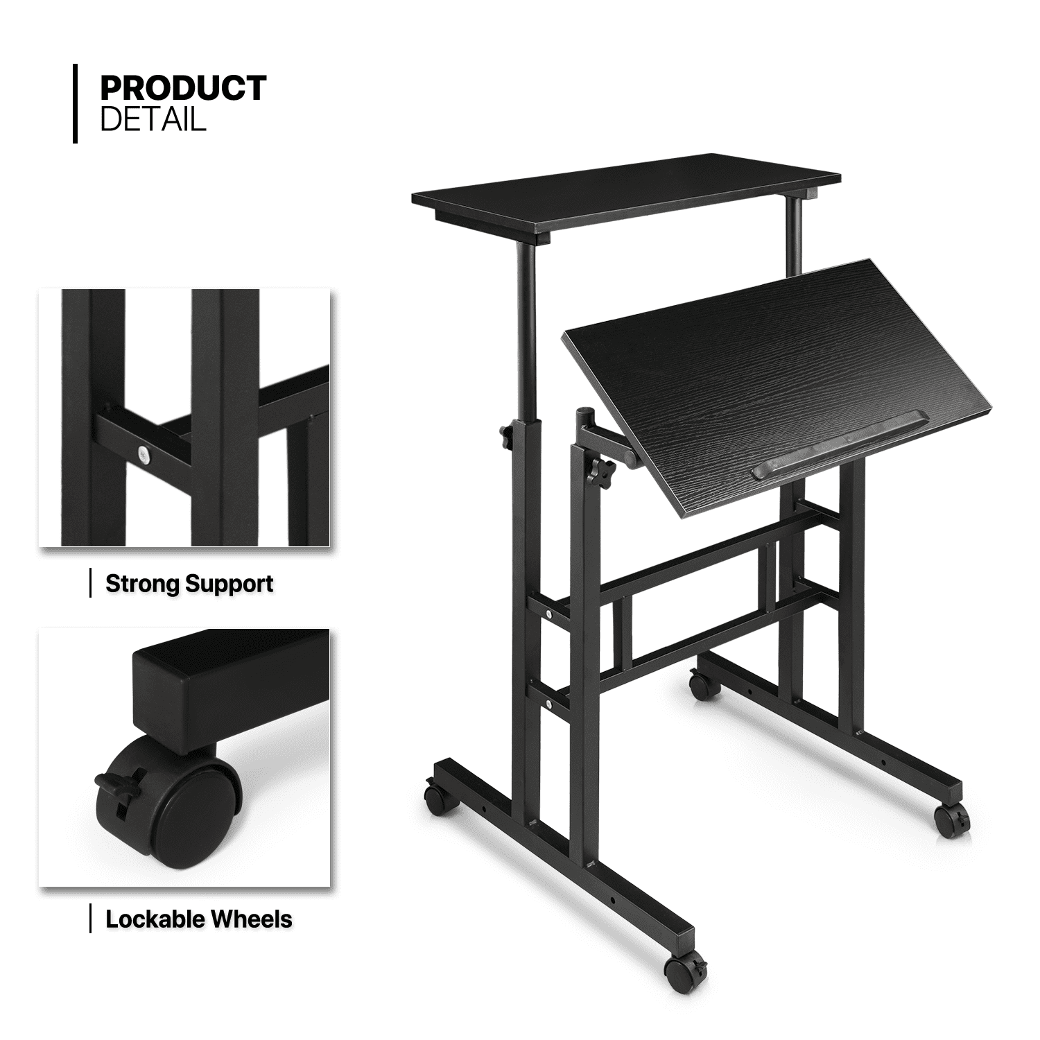 MoNiBloom Mobile Computer Desk with Tilting Table, Adjustable Small Standing Desk with Monitor Shelf for Standing or Sitting, Black