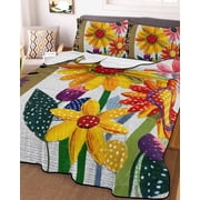 Welcome 3 Piece Quilt Set Full Size, Spring Yellow Pink Dots Floral White Linen Texture Soft Bedspread Coverlet Bedding Set Microfiber Lightweight Comforter Set with 2 Pillowcases for Bedroom