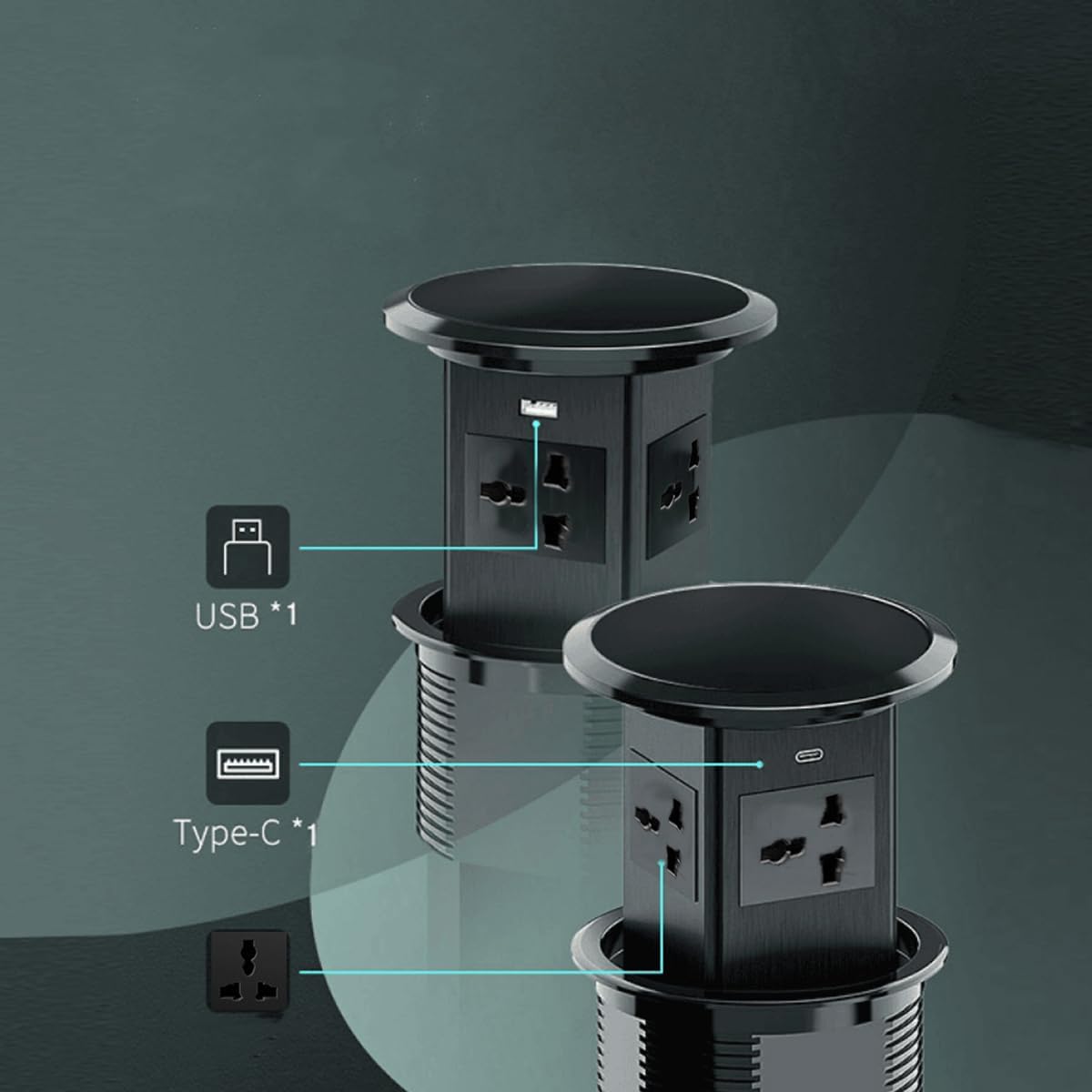 Pop Up Outlet, Automatic Hidden Power Strip with 15W Wireless Charger, 4 AC Outlets Plug with 2.1A USB and PD 20W Type-C Rapid Charge Stations for Countertop Kitchen Conference Workbench