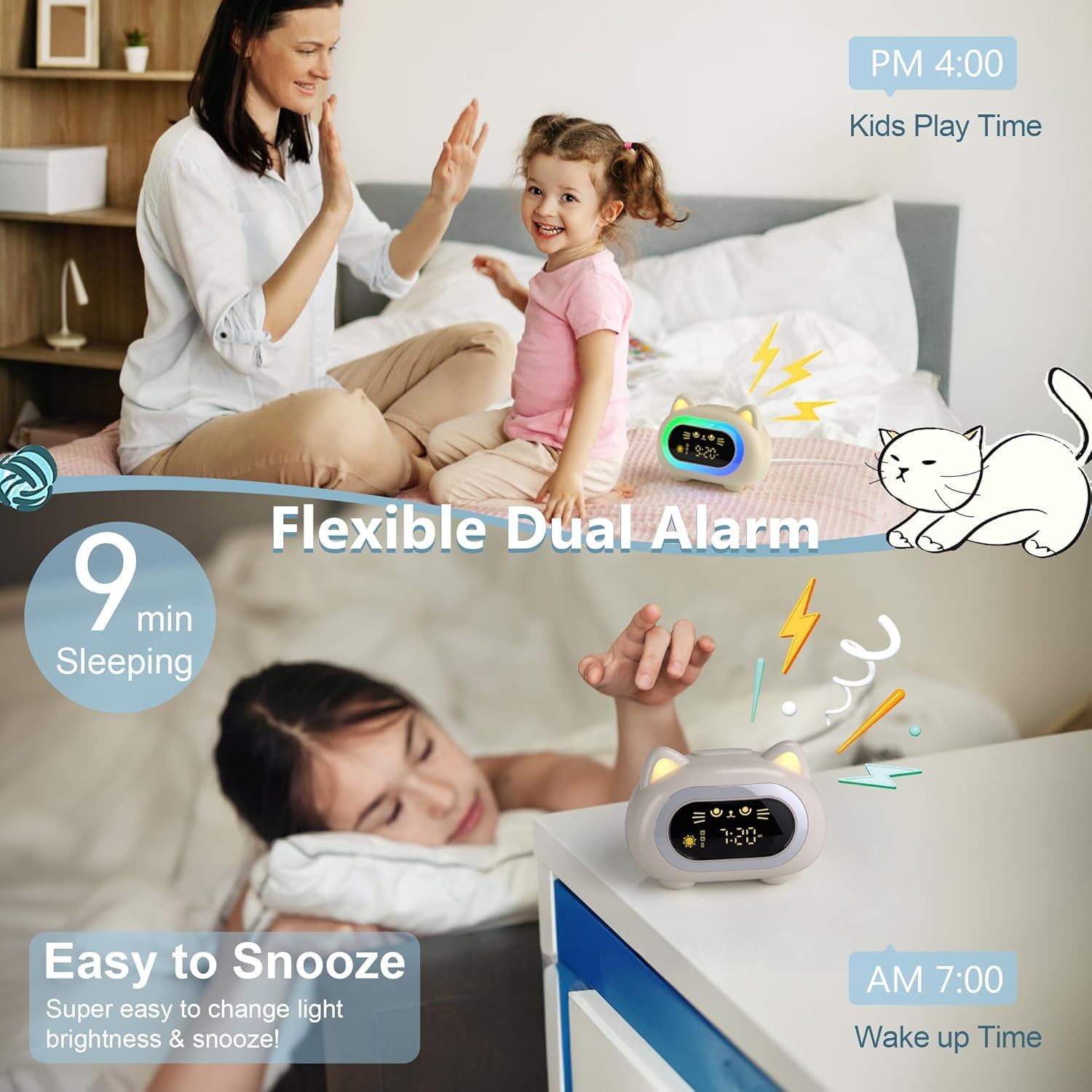Hansang Alarm Clock for Kids with Sleep Training 3 levels of brightness and 10 night light modes, Ok to Wake Clock with snooze mode and white noise for Boys and Girls