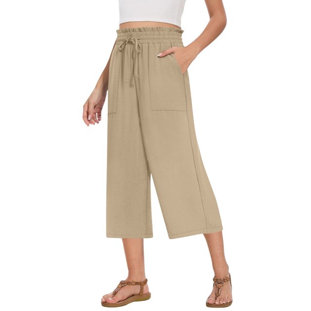 Lenpel Women's Capri Pants Ruffle Elastic High Waisted Drawstring Wide Leg Cropped Trousers Casual Summer Pants with Pockets