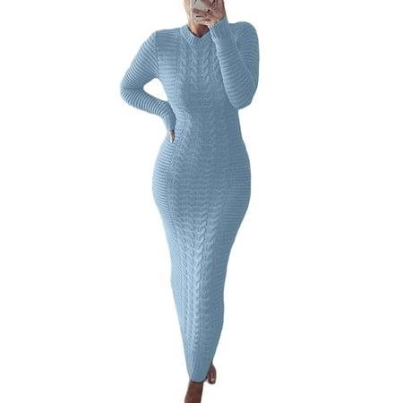 

LSFYSZD Women Long Sleeve Knitted Dress Crochet Pattern Solid Color Ribbed Round Collar Casual Long Club Party One-Piece