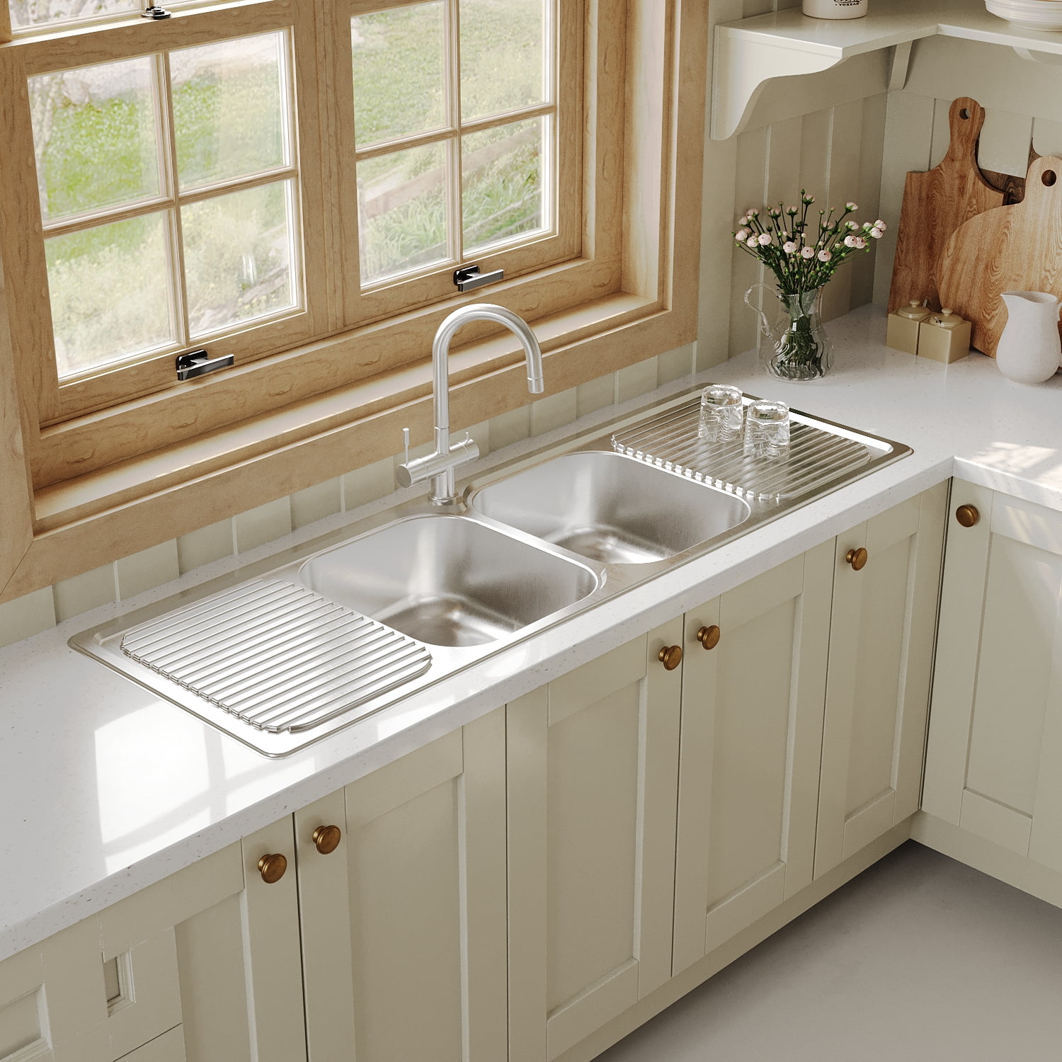 Naiture Double Bowl and Double Drainboard Stainless Steel Kitchen Sink, Rectangular Drop-In Top Mount Sink, 59" X 20" with Single Faucet Hole