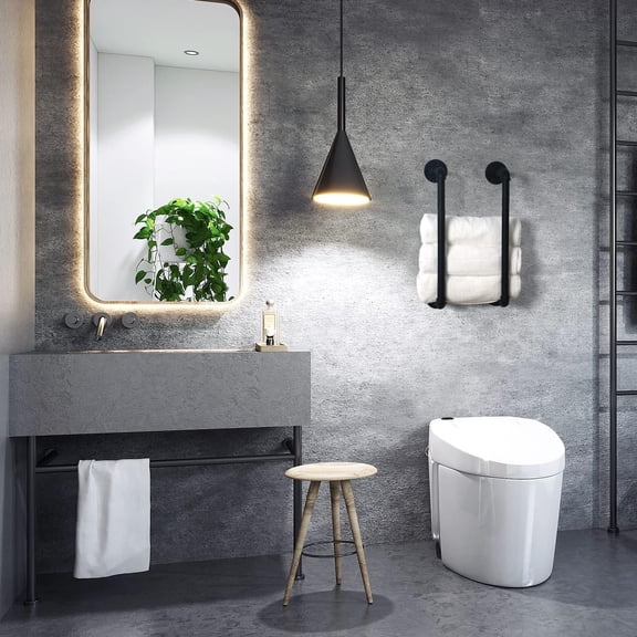 Industrial Pipe Towel Rack, Vintage Style Wall Mounted Bathroom Towel Holder, Matte Black