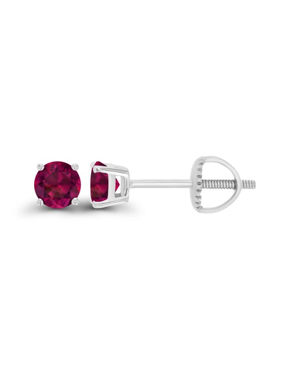 Solid 14K White Gold 4mm Round Created Ruby July Birthstone Screwback Stud Earrings