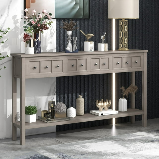 Rustic Entryway Console Table, 60" Long Sofa Table with two Different Size Drawers and Bottom Shelf for Storage (Gray Wash)