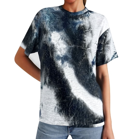 Summer T Shirts for Women Short Sleeve Round Neck Tie Dye Casual Tee Tops Black L