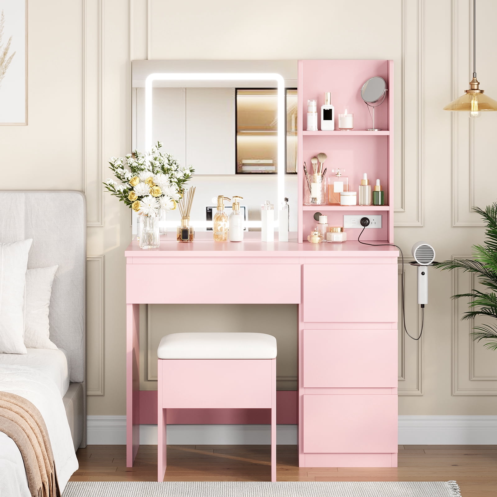 M optimized Vanity Desk with Mirror and Lights - Modern Makeup Dressing Table with Outlets, Storage Stool, 4 Drawers & Hair Dryer Holder - 3 Colors LED Vanity Mirror, Vanities for Bedroom