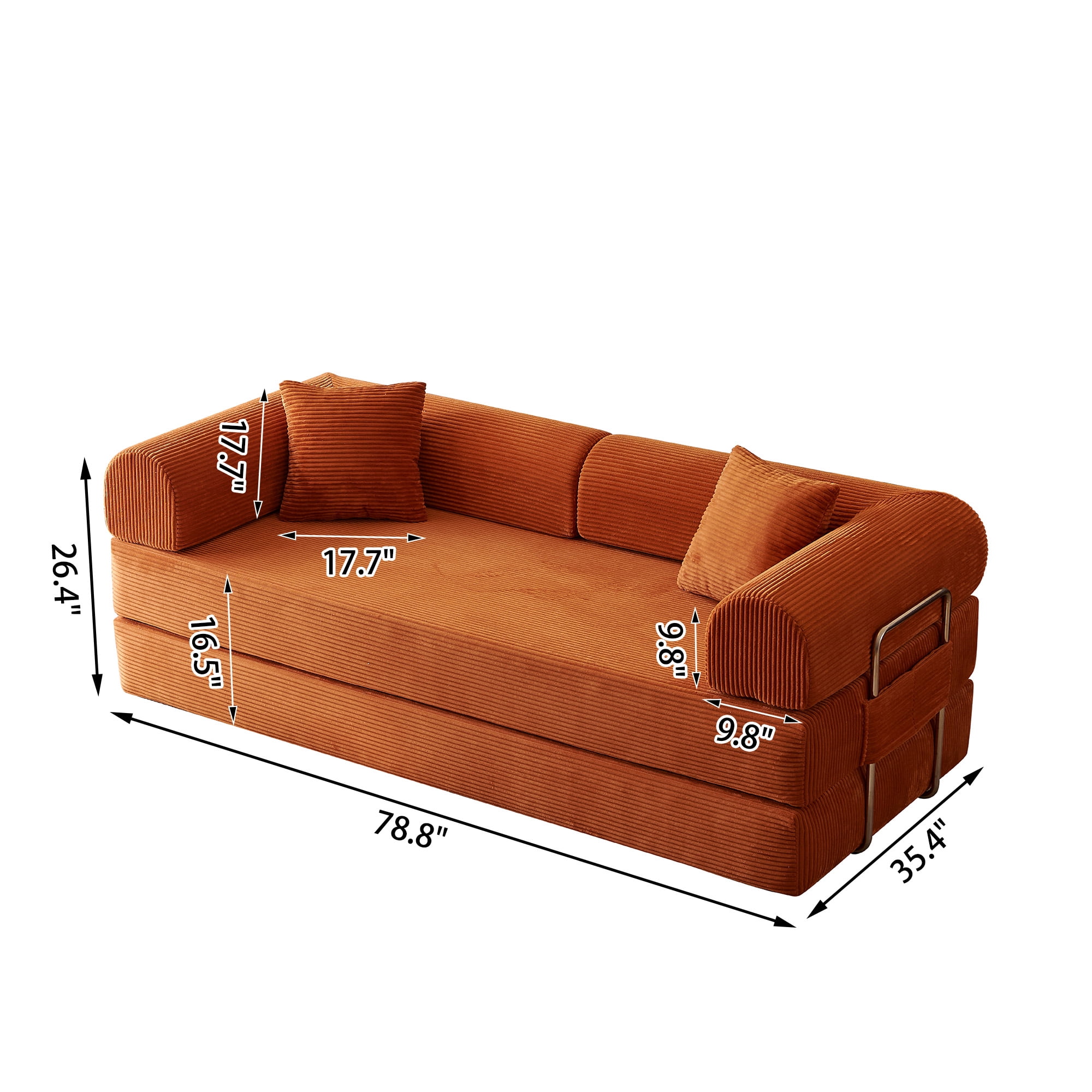 Howcool 79" Boneless Sleeper Sofa Bed, 2-in-1 Pull Out Convertible Loveseat Couch with 2 Throw Pillows, Corduroy Futon Floor Sofa for Living Room, No Assembly Required, Tangerine