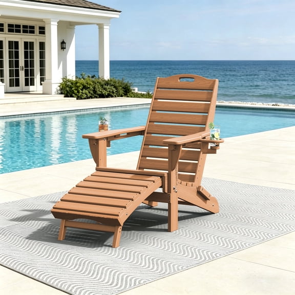 Folding Adirondack Chair with Ottoman, HDPE Adjustable Patio Chair, Teak