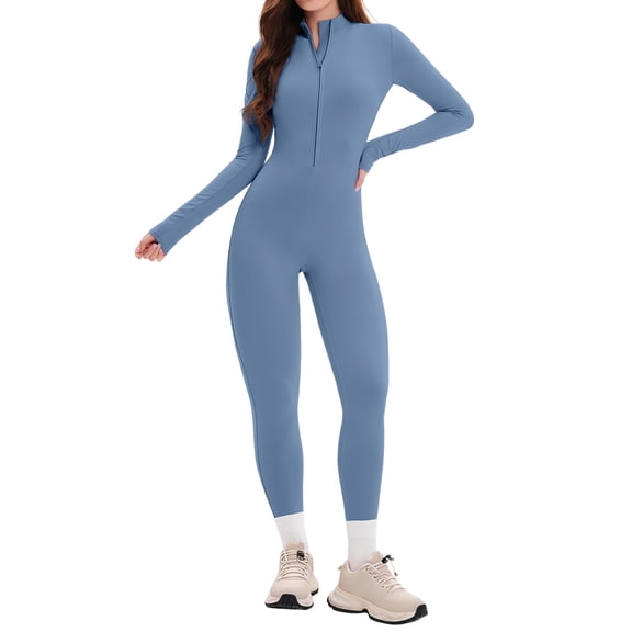 QHFBli Women Long Sleeve Workout Jumpsuit Zip Up Romper Bottom Pants Bodysuit Bodycon