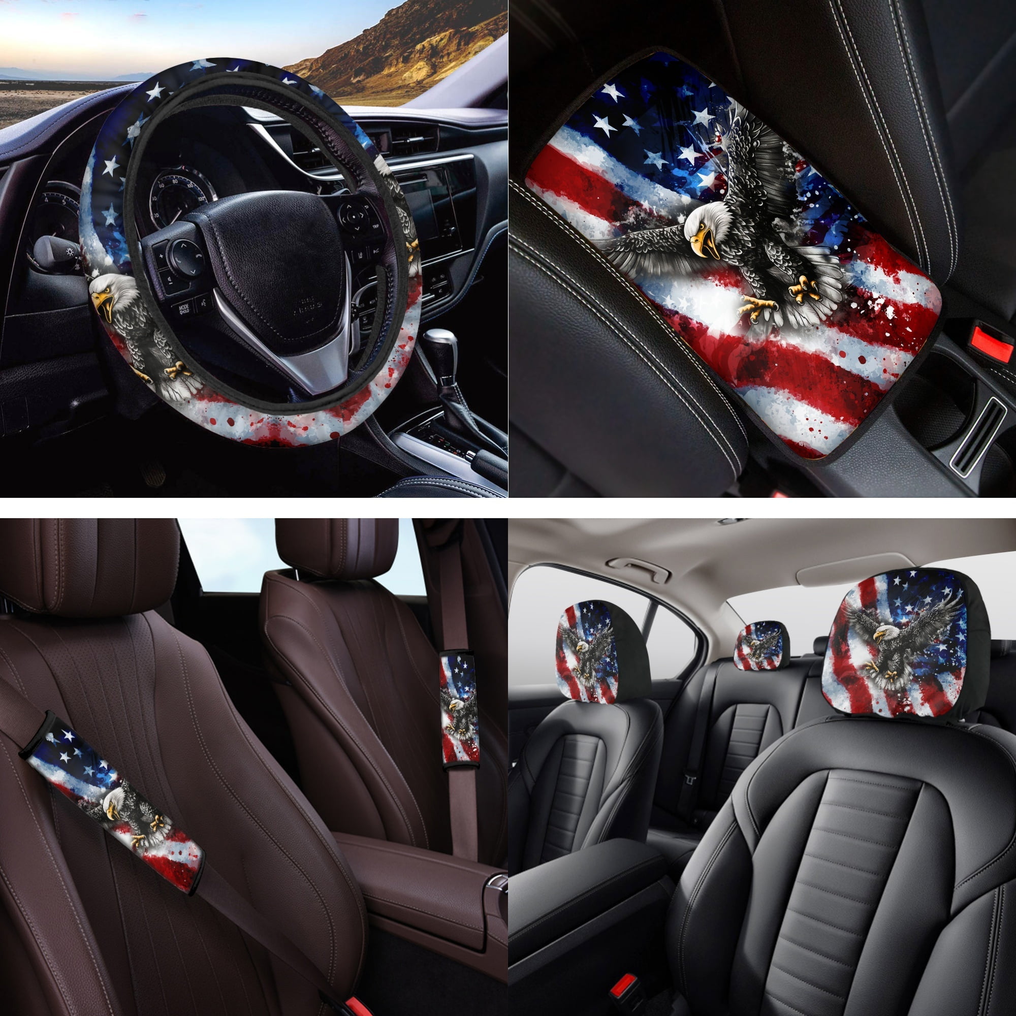 Jeiento Eagle 14 PCS Car Seat Cover Set American Flag Steering Wheel Cover Seat Belt Strap Pads Cup Coasters Armrest Cover Pad Headrest Covers Key Ring Automotive Accessory 4Th of July Decor