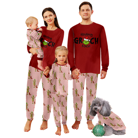 

FUNIER Holiday Family Matching Christmas Pajamas Sleepwear Set The Grinch Red White Stripe Print Baby-Kids-Adult-Pet Size 2 Pieces Top and Pants Bodysuits Xmas Pjs Set