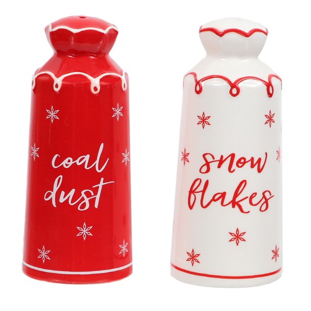 Dennis East Snow Flakes Coal Dust Red White Salt and Pepper Shaker Set