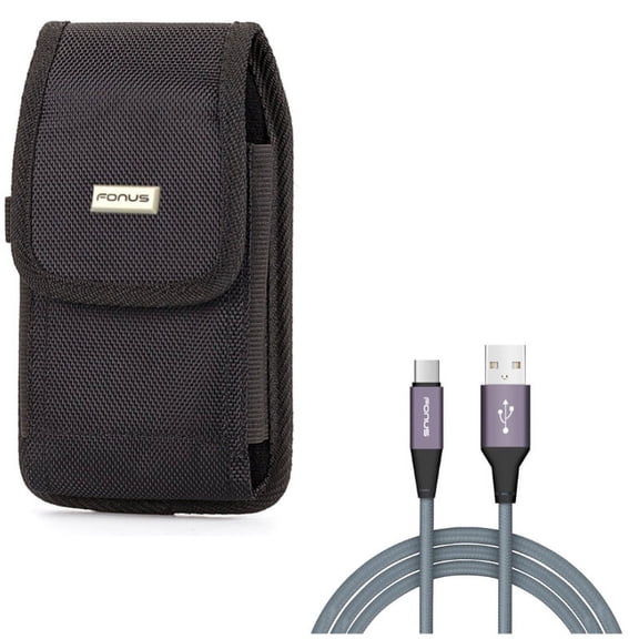 Rugged Case Holster Metal Belt Clip w Gray Braided Type-C Cable 10ft Long Rapid Charger Sync USB Wire M1X for Motorola Moto Z Force Droid G7 Power G6 - Nokia 3.1 Plus - OnePlus 5T, 6, 6T