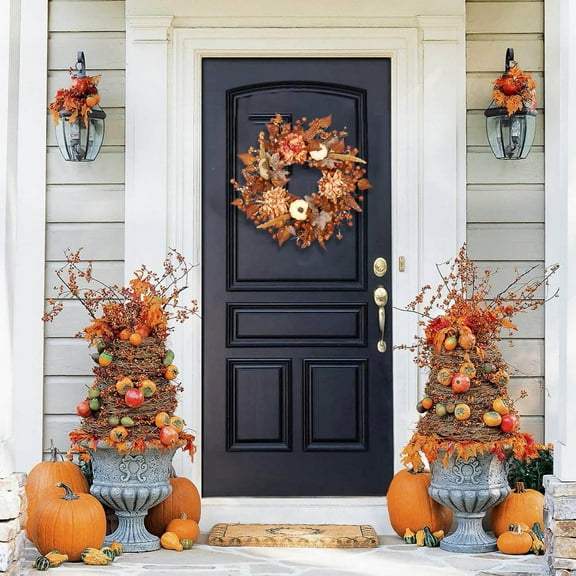 Fall Wreaths for Front Door Outside Thanksgiving Autumn Wreath with Realistic Pumpkins and Maple Leaves for Harvest Halloween Home Decor Indoor Outdoor Wall Door Decorations