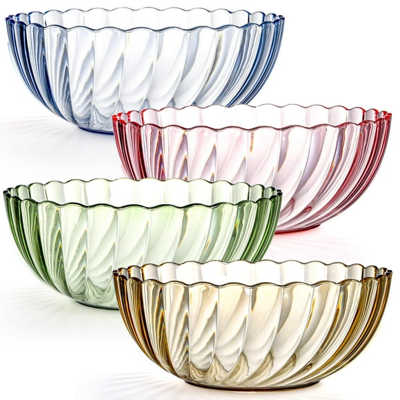 Fasmov 4 Pack Plastic Serving Bowls, Plastic Salad Mixing Bowls, 74oz Break Resistant Plastic Bowls for Salad, Fruit, Popcorn, Chip and Dip, Multicolor