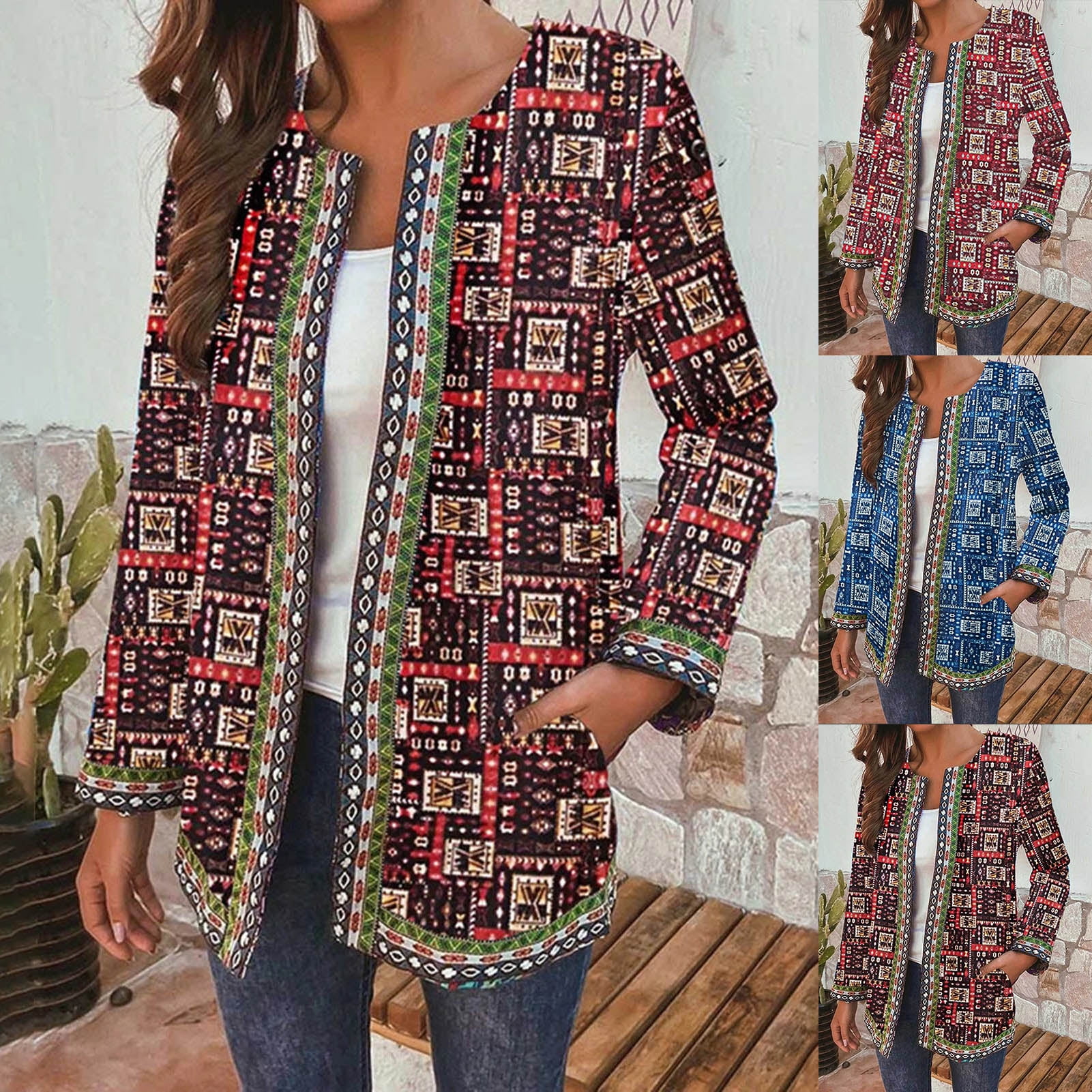 Women Cardigan Coat Ethnic Print Round 