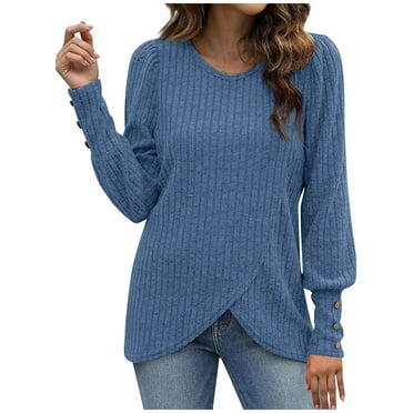 Women's Puff Long Sleeve Shirts Casual Ribbed Knit Pullover Tops Crew Neck Elegant Tunic Tops Asymmetrical Split Hem Lightweight Sweater